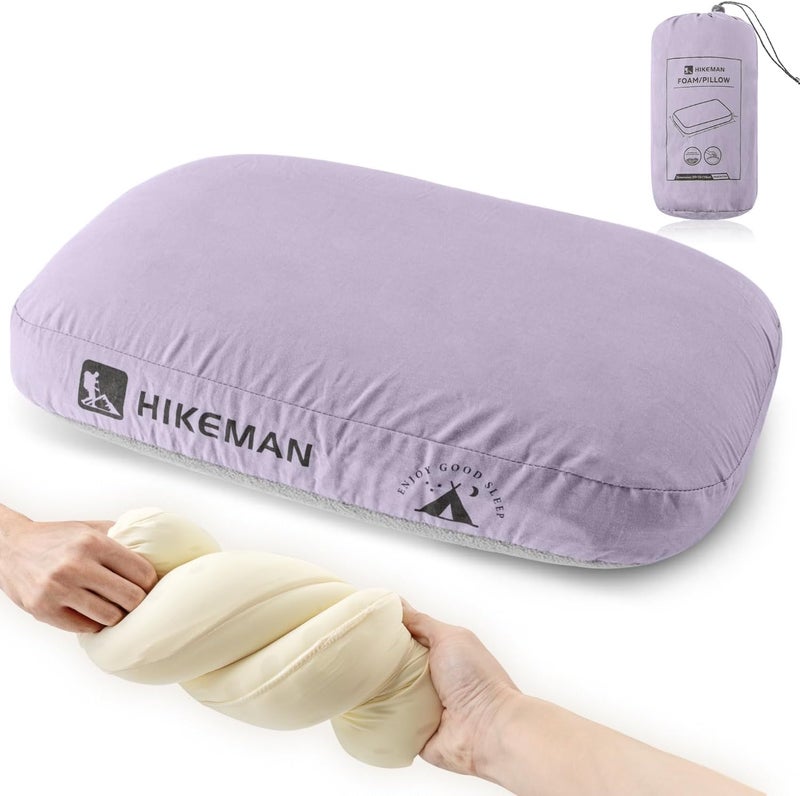 HIKEMAN وسادة ذاكرة فوم للتخييم - وسادة سفر خفيفة الوزن مع غطاء قابل للإزالة، دعم للرقبة والظهر للتخييم الخارجي، الرياضة، المشي، النوم في حقائب الظهر (بنفسجي) - Image 1